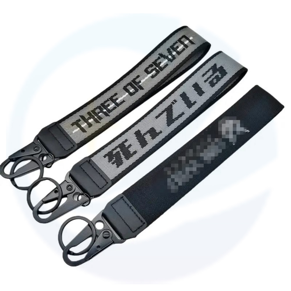 도매 커스텀 키 체인 Carabiner Jacquard 로고 키 태그 키 체인 짠 키 스트랩 핸드 손목 손잡이 끈 키인 Carabiner