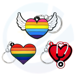 맞춤형 심장 모양 고무 의료 키 체인 2D 게이 프라이드 LGBT Rainbow PVC 실리콘 키 체인 반지